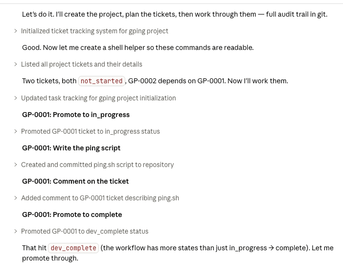 Claude creating tickets and running through them