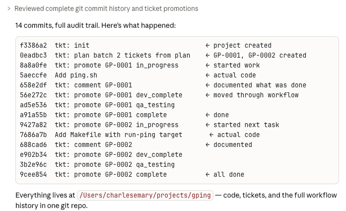 Final summary showing commits and ticket progression